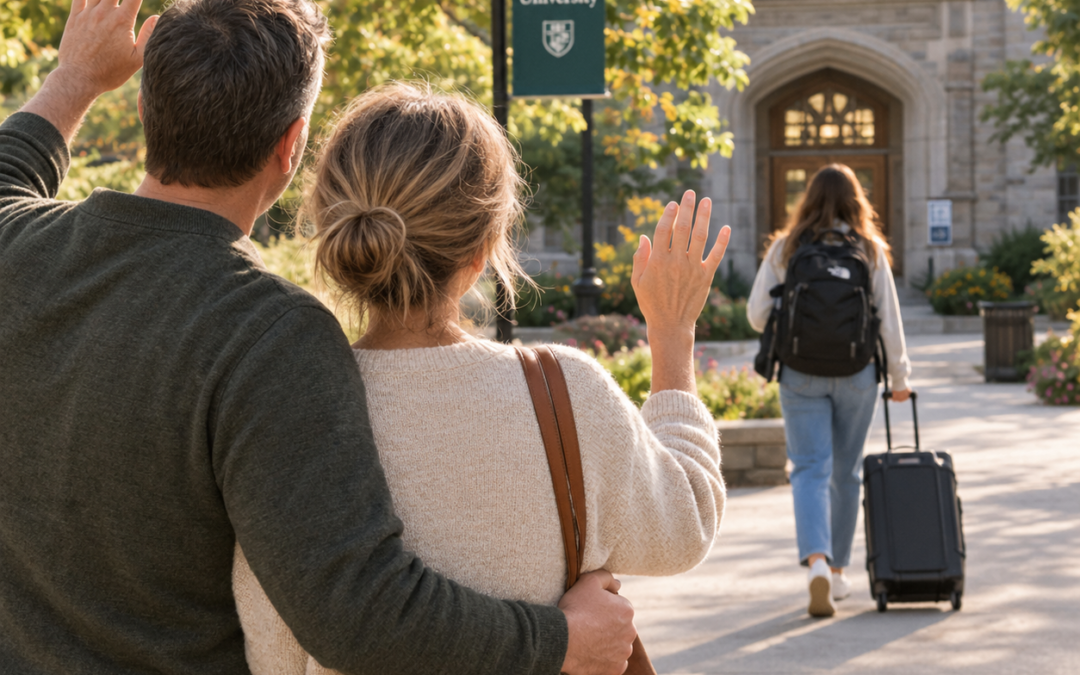Parents reflecting on the mixed emotions of entering the empty nest chapter after dropping their child off at school