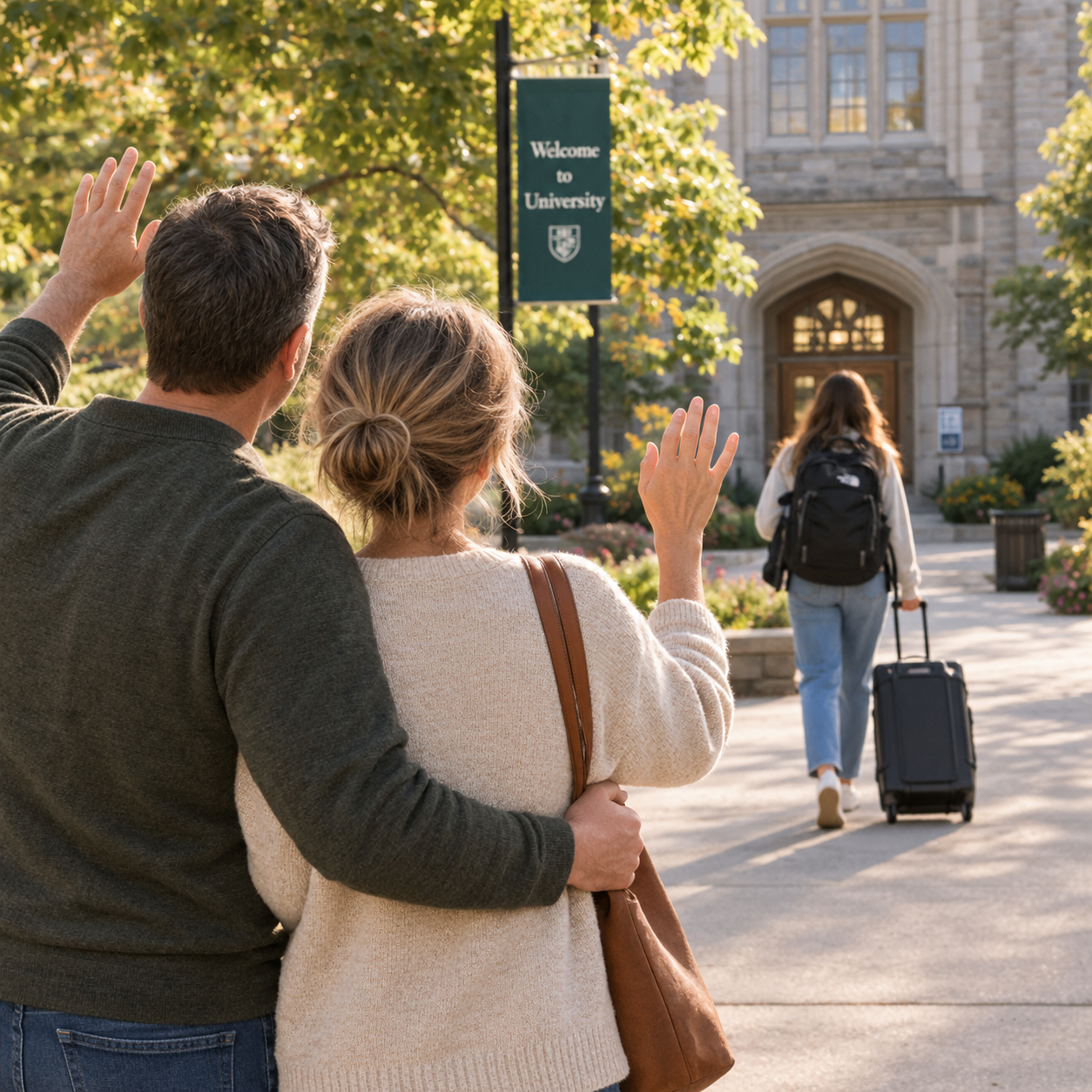 Parents reflecting on the mixed emotions of entering the empty nest chapter after dropping their child off at school